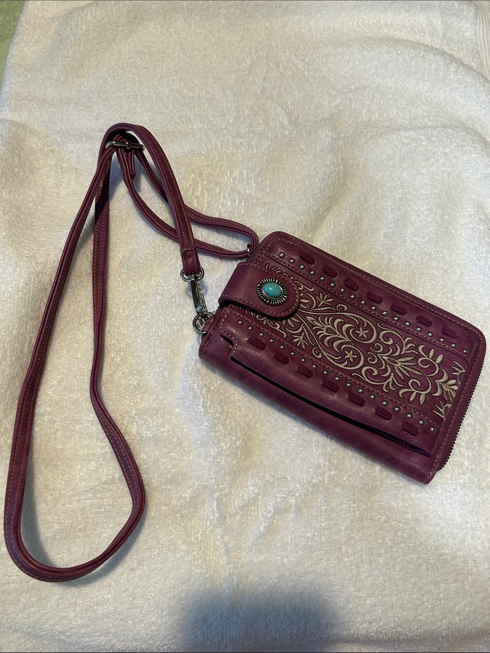 Women's Embossed Plum Crossbody Bag with Turquoise Accent bohemian western